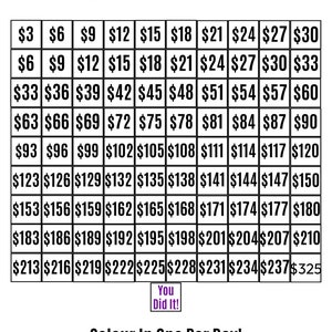 May include: A black and white chart with a grid of numbers from $3 to $325. The chart is titled "$10,000 In 90 Days!" and has the text "You Did It!" and "Colour In One Per Day!" below the chart. The text "NicolaDigitalDesigns" is at the bottom of the chart.