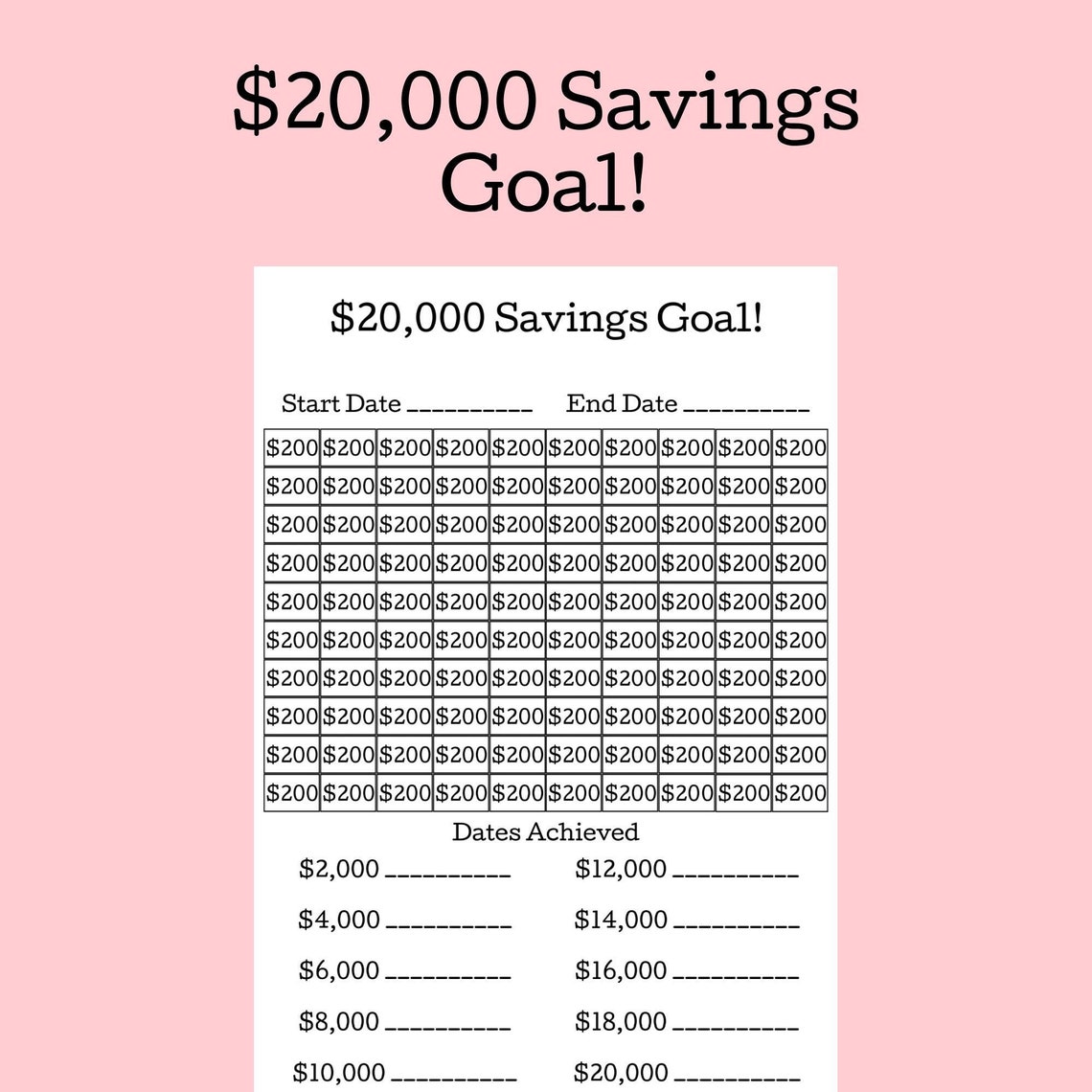 20,000 Savings Goal / 20,000 Savings Challenge / Savings Tracker ...