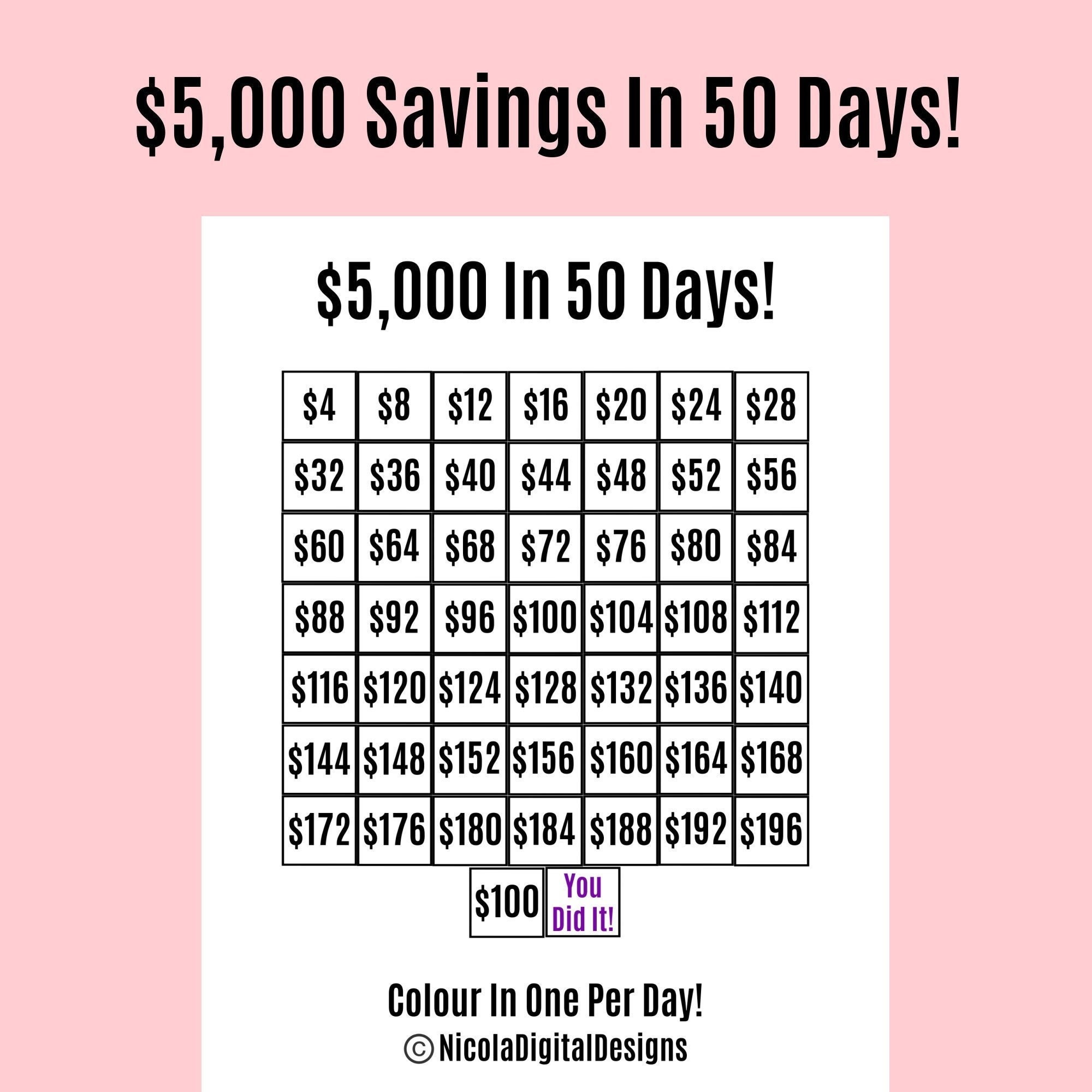 5,000 Money Saving Challenge Printable / Save 5,000 in 50 Days