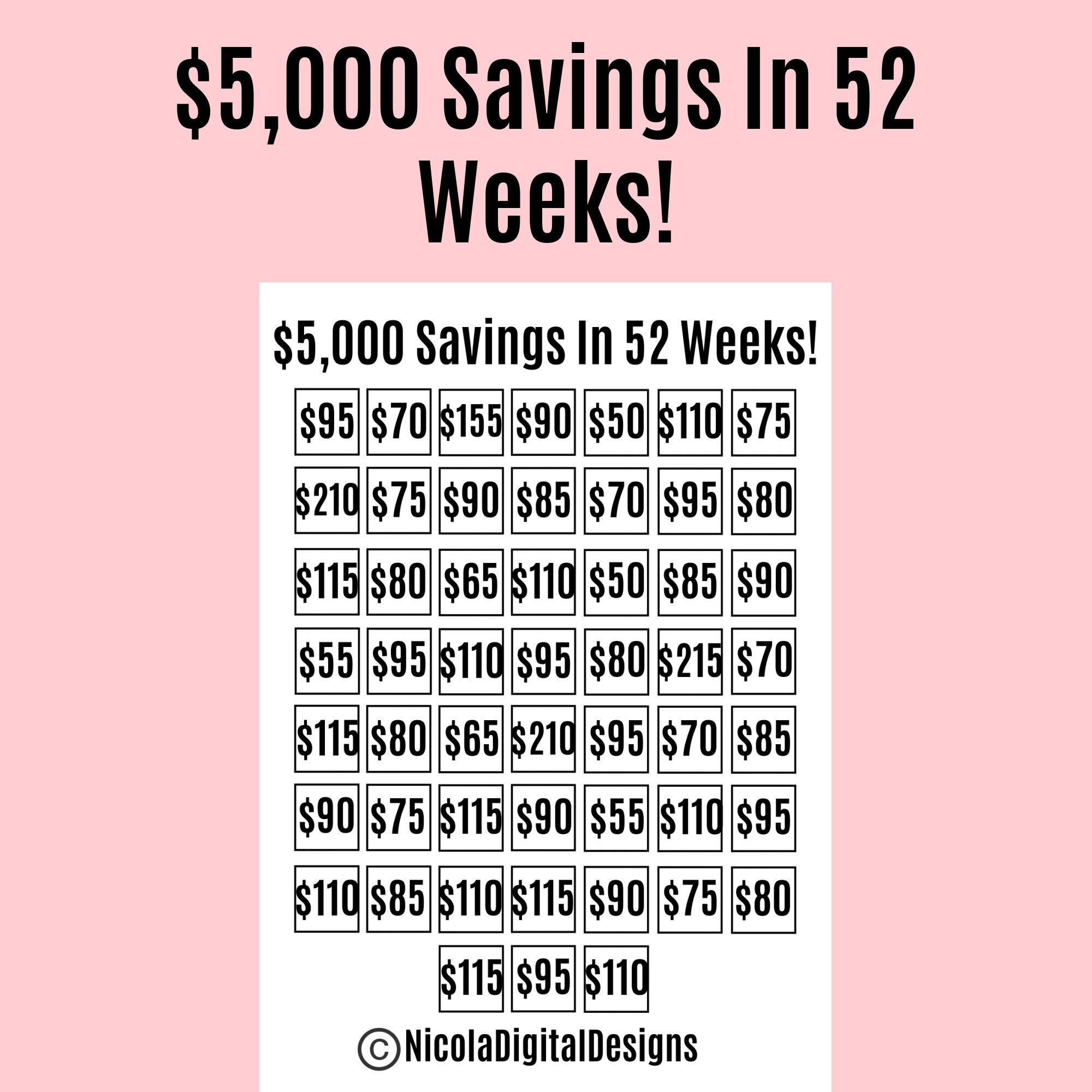 5000 Money Saving Challenge Printable / Save 5000 in 52 Weeks / Savings  Tracker / Savings Printable Planner