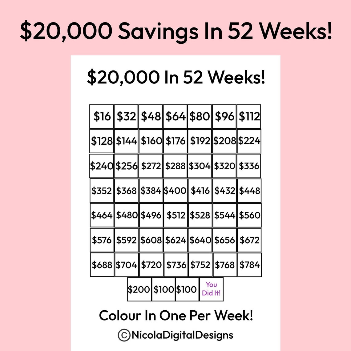 20,000 Money Saving Challenge Printable / Save 20,000 in 52 Weeks ...