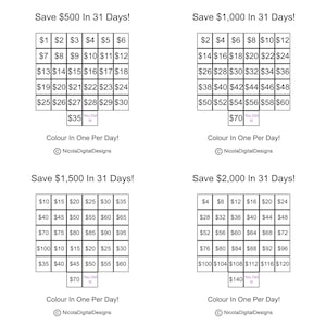 May include: A printable chart to help you save money over 31 days. The chart shows a grid with dollar amounts increasing from &pound;1 to &pound;35, &pound;2 to &pound;70, &pound;4 to &pound;140, &pound;10 to &pound;70, and &pound;4 to &pound;140. The chart is titled "Save &pound;500 in 31 Days!" "Save &pound;1,000 in 31 Days!" "Save &pound;1,500 in 31 Days!" and "Save &pound;2,000 in 31 Days!"  The chart is designed to be coloured in one square per day.