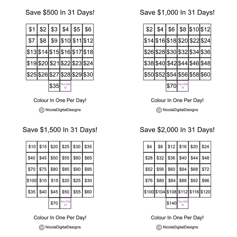May include: A printable chart to help you save money over 31 days. The chart shows a grid with dollar amounts increasing from &pound;1 to &pound;35, &pound;2 to &pound;70, &pound;4 to &pound;140, &pound;10 to &pound;70, and &pound;4 to &pound;140. The chart is titled "Save &pound;500 in 31 Days!" "Save &pound;1,000 in 31 Days!" "Save &pound;1,500 in 31 Days!" and "Save &pound;2,000 in 31 Days!"  The chart is designed to be coloured in one square per day.