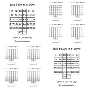 May include: A printable chart to help you save money over 31 days. The chart is divided into squares with pound sterling amounts from &pound;1 to &pound;350. The chart is titled "Save &pound;500 In 31 Days!" and includes the text "You Did It!" in a pink box. The chart also includes the text "Colour In One Per Day!" and a copyright symbol with the text "NicolaDigitalDesigns".