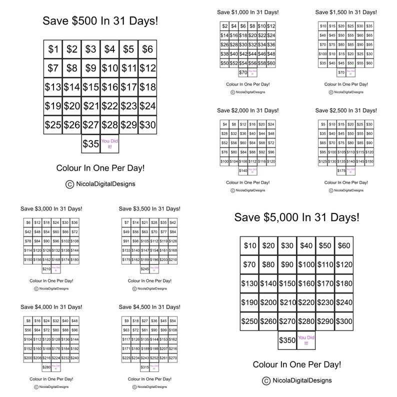 May include: A printable chart to help you save money over 31 days. The chart is divided into squares with pound sterling amounts from &pound;1 to &pound;350. The chart is titled "Save &pound;500 In 31 Days!" and includes the text "You Did It!" in a pink box. The chart also includes the text "Colour In One Per Day!" and a copyright symbol with the text "NicolaDigitalDesigns".