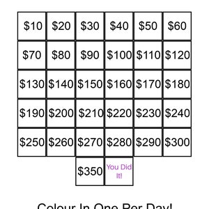 May include: A black and white grid with dollar amounts from &pound;10 to &pound;350. The grid is labelled "Save &pound;5,000 In 31 Days!" and "Colour In One Per Day!" with a copyright symbol and "NicolaDigitalDesigns".