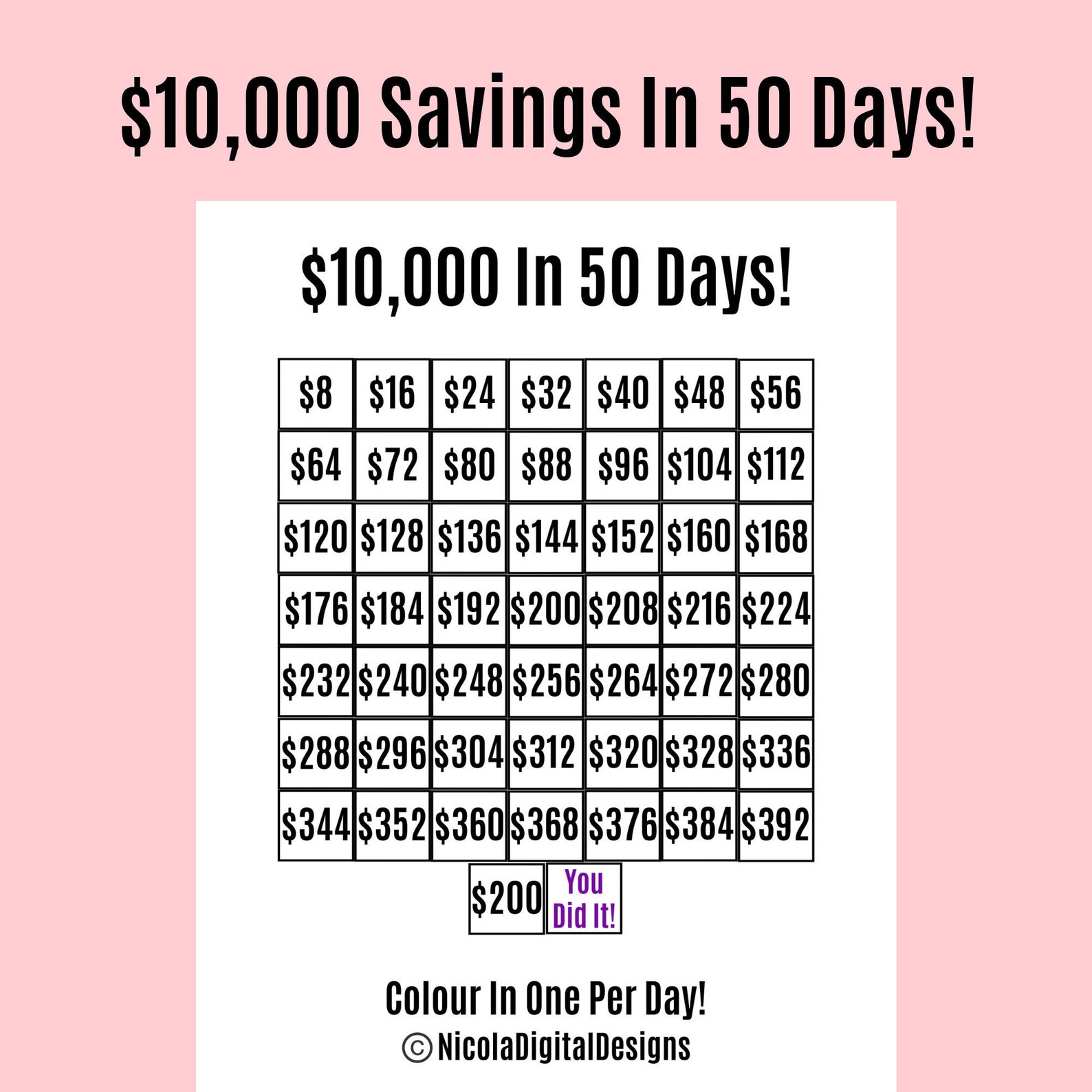 10 000 Money Saving Challenge Printable Save 10 000 In 50 Days 