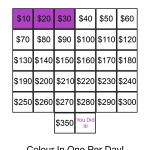 May include: A printable chart with a grid of numbers from &pound;10 to &pound;350. The chart is designed to help someone save &pound;5,000 in 31 days. The text "Save &pound;5,000 In 31 Days!" is at the top of the chart. The text "Colour In One Per Day!" is at the bottom of the chart. The text "NicolaDigitalDesigns" is at the bottom of the chart with a copyright symbol.