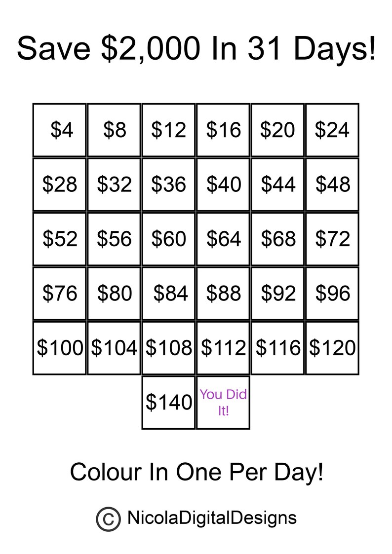 May include: A black and white grid with dollar amounts from &pound;4 to &pound;140. The grid is labelled "Save &pound;2,000 In 31 Days!" and "Colour In One Per Day!" The grid is a printable chart for saving money.