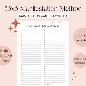 May include: Printable 55x5 Manifestation Method worksheet with two versions available. The worksheet has two columns with numbers 1-28 on the left and 29-55 on the right. The text "And so it is..." is at the bottom of the right column. The text "2 versions available!" and "Instructions included!" are in circles on the right side of the page.