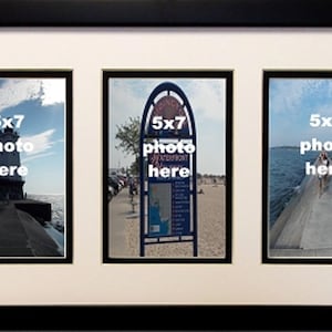 Collage Picture Frame with three 3- 5x7 photo openings frame hangs portrait or landscape. White top mat with Black bottom black wood frame.