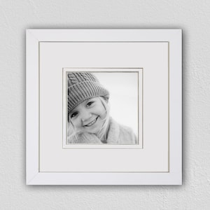 White Wood and Matted Photo Frame for 5x5 Photos.  Custom sizes available.
