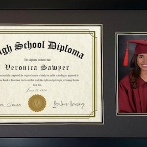 Graduation document 8.5x11 Diploma and 5x7 Photo Opening Black Wood Frame with Dark Gray Top Mat and Black Bottom Mat