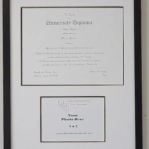May include: A black rectangular wall frame featuring a white mat with two openings. The top opening displays a sample University Diploma for a Bachelor of Business Administration. The bottom opening holds a 5 x 7 placeholder for a photo.