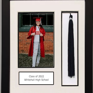 High School graduation photo and tassel box with custom text area.  Black wood frame is an 8x10 unit to hold a 4x6 photo and tassel.