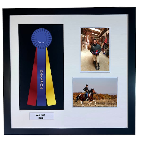 Ribbon Award Box Customized with Gold or Black Frame | Holds 4x6 in. or 5x7 in. Photos | Ribbon Opening 13 in. | Frame size 19 x 19 in.