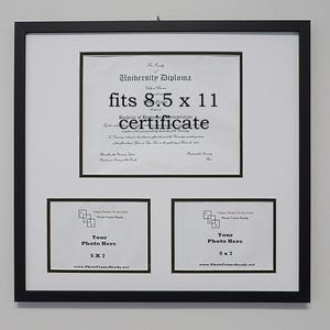 May include: Black framed multi-opening picture frame with white matting. The frame fits an 8.5 x 11 inch certificate and two 5 x 7 inch photos. Text on the frame reads "University Diploma" and "certificate".