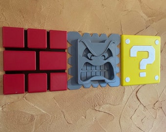 Set of 3 HUGE Thwomp Question Mark Boxes - Mario Wall or Shelf Artwork - Super Mario Bros Question Block |