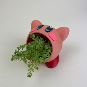 May include: A pink 3D-printed planter shaped like a cartoon character, with green foliage spilling from its mouth. The planter has black and blue eyes, pink cheeks, and a red base.