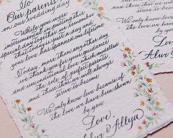 Votos matrimoniales escritos a mano con caligrafía, regalo de aniversario, citas en cartulina de archivo.