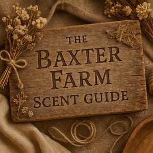 May include: A rustic wooden sign with the text "THE BAXTER FARM SCENT GUIDE" carved into it. The sign is surrounded by dried flowers and twine, suggesting a natural, farmhouse aesthetic. The wood has a weathered appearance.
