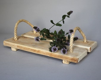 Handmade Wooden Snack Tray with Rope Handles: Rustic Bedside Table Stand