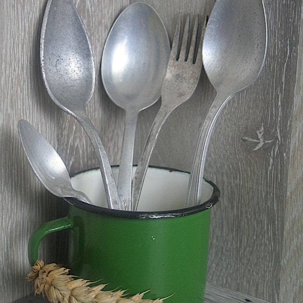 Vintage aluminum spoons, Aluminum fork, Old spoons, Aluminum spoon set, Vintage cutlery