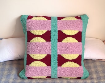 PINK YELLOW Geometric Cushion, Punch Needle Pillow Cover, Embroidered Cushion Cover, Abstract Throw Pillow, Decorative Pillow Covers