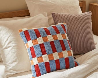 Geometric Tufted Cushion Cover: Color Block Punch Needle Pillow (16x16)