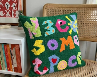 Hand Tufted Punch Needle Pillow Cover: Embroidered Decorative Cushion (16x16)