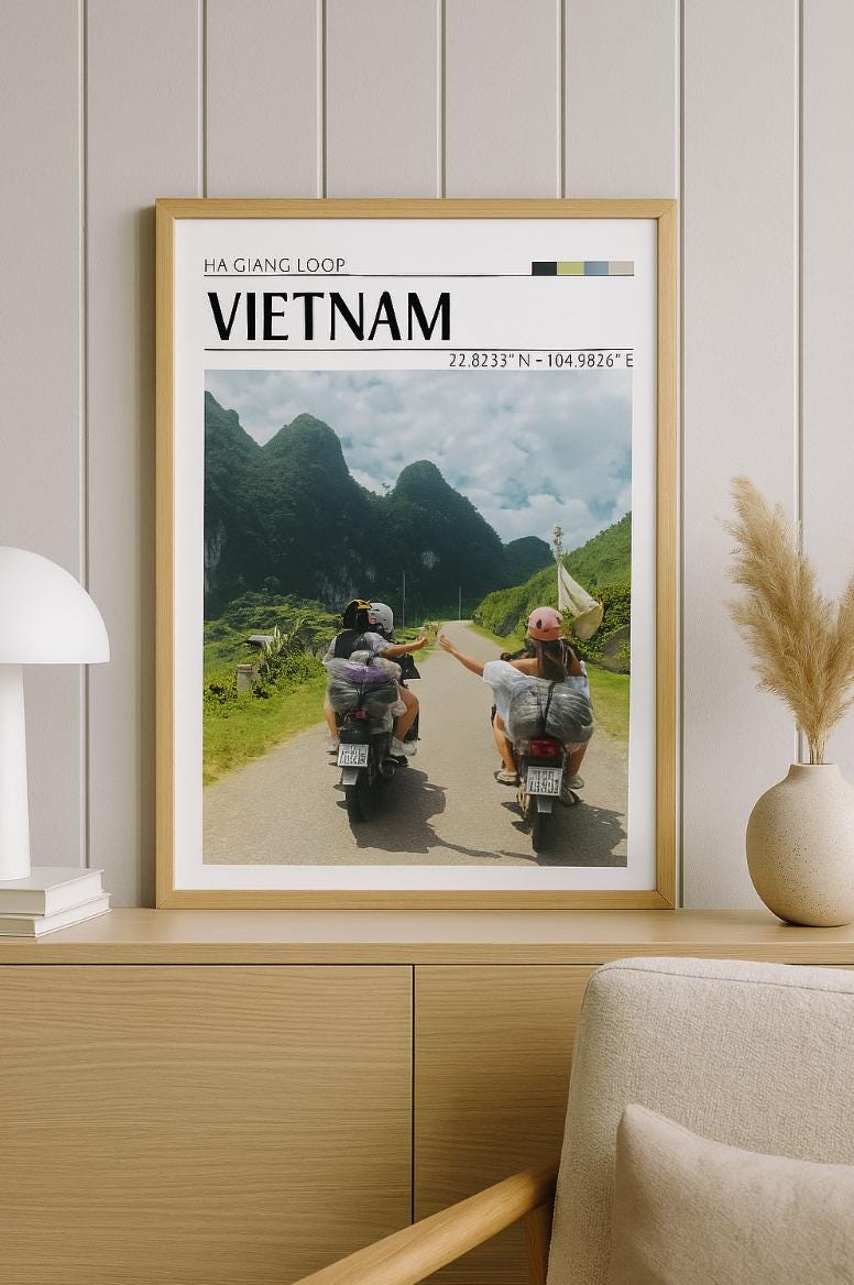 Ha Giang Loop Vietnam Poster – Scooter Adventure Print – Friendship Travel Wall Art – Scenic Southeast Asia Decor