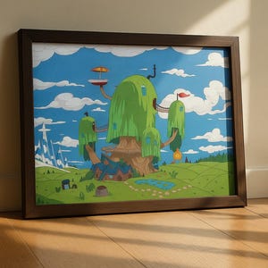 Póster de la casa del árbol de Hora de Aventuras: dibujo pintado a mano de la casa de Finn y Jake / Decoración de pared con dibujos animados / Regalo nostálgico