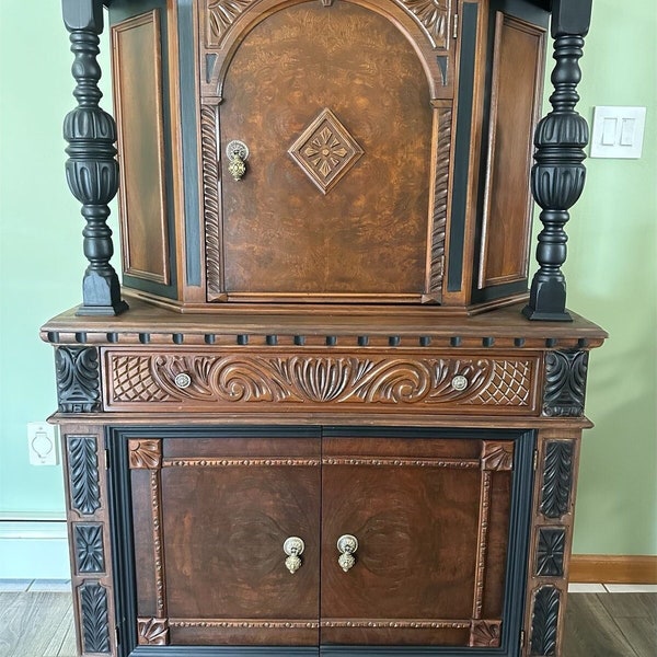 SOLD•••••••please do not purchase    Jacobean hutch/step back cabinet/ china cabinet/liquor cabinet/linen cabinet/ antique cabinet