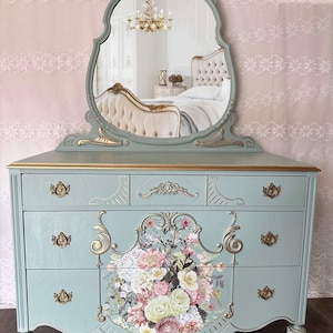 SOLD•••••please do not purchase Antique dresser/vintage dresser/painted dresser/ light green dresser vintage dresser with mirror/ bedroom