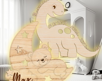 Geburtsgeschenk personalisiert Baby Holz Mond Lampe mit Namen | Nachtlicht | Wandlampe | Dino / Bär