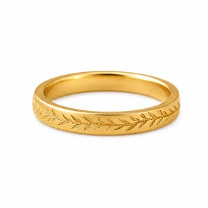Gold Rhodium Leaf Band Ring, Minimalist Engraved Ring, 925 Sterling Silver Stackable Ring, Nature Inspired Wedding Band, Promise Ring