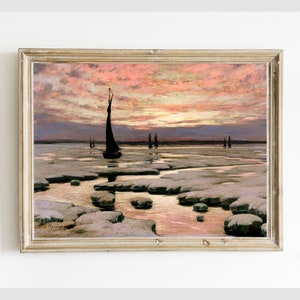 Vintage Winter Sunset Waterscape Printable Art, Antique Harbor Coastal Oil Painting, Digital Wall Art Decor, Instant Download #121