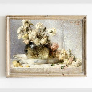 Vintage White Roses Still Life Printable, Antique Digital Wall Art Printable, Flower Farmhouse Kitchen Art, Instant Download #303