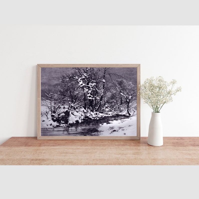 Vintage Winter Morning Landscape With Stream Printable Painting ...