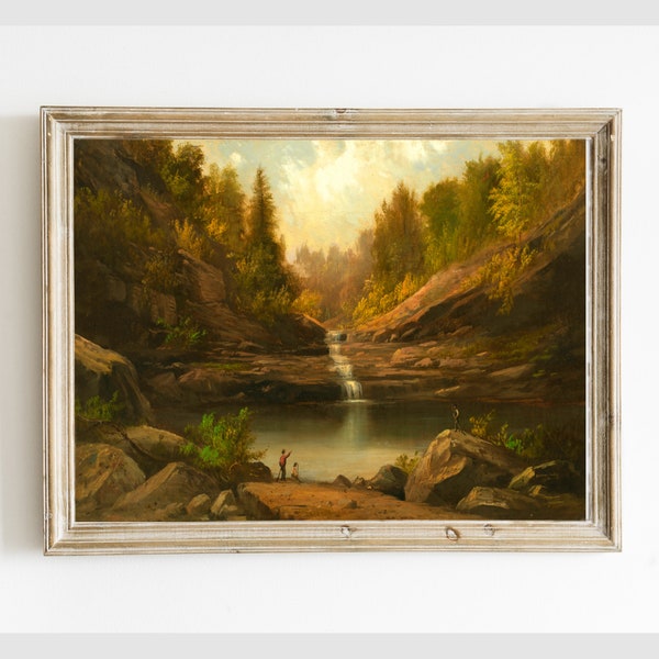 Vintage Mountain Pool Oasis Solitude Painting, Calm Waters Run Deep Digital Wall Art PRINTABLE, Instant Download #283