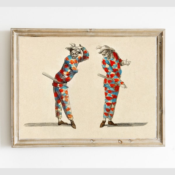 Vintage Harlequin Printable Illustration, 1700s Court Jester Italian Antique Digital Wall Art, Instant Download #084