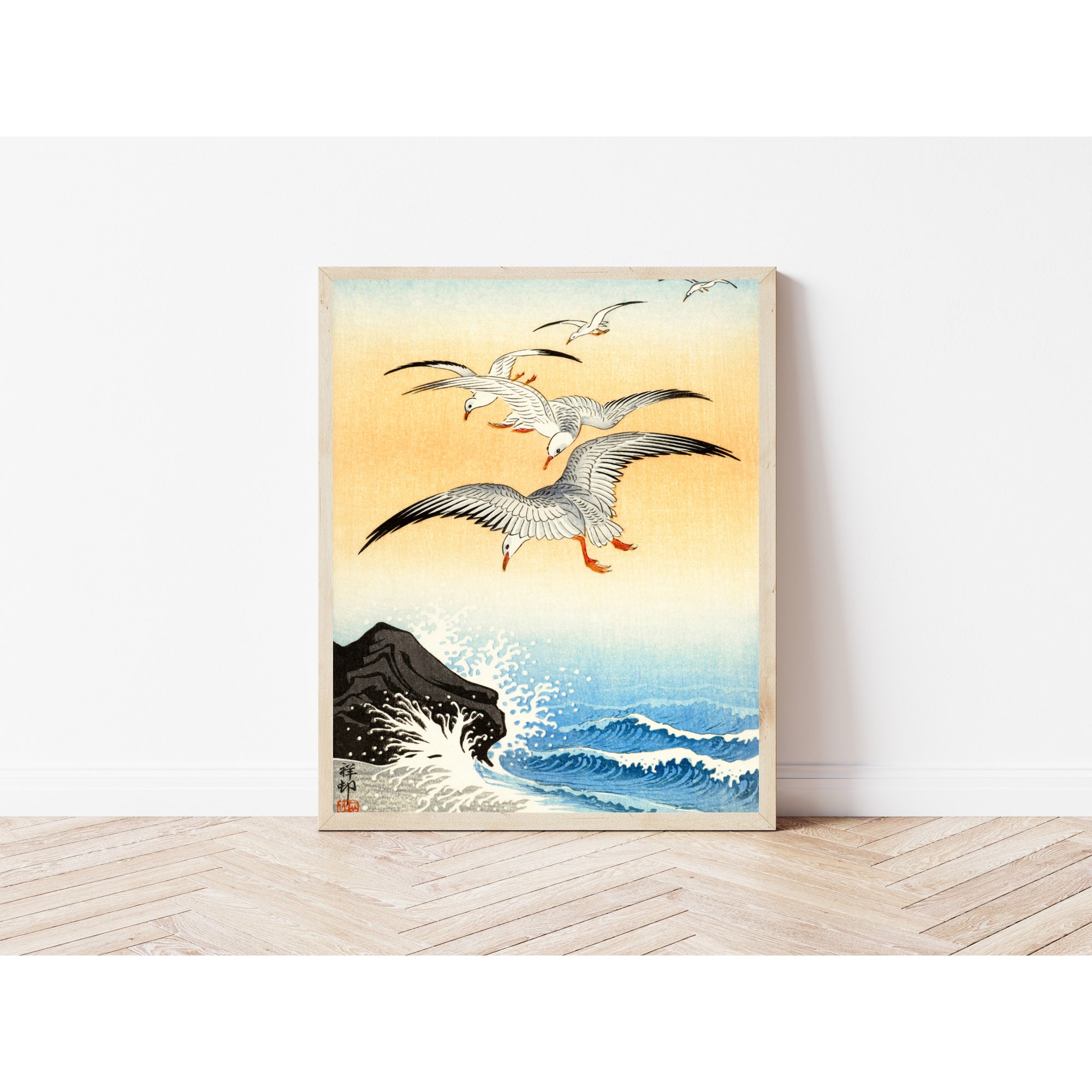 Vintage Seagulls and Sea Waves Printable Painting, Japanese Coastal Art ...