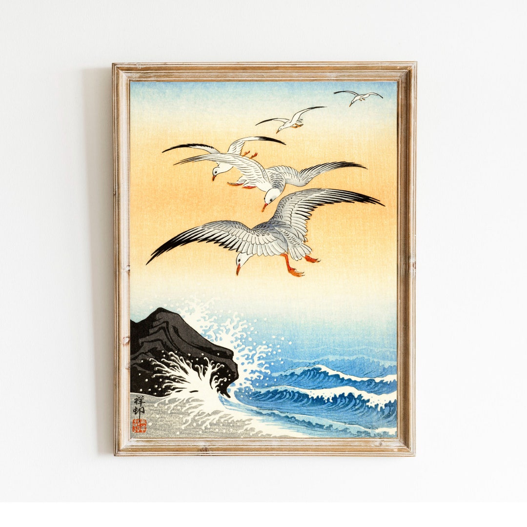 Vintage Seagulls and Sea Waves Printable Painting, Japanese Coastal Art ...