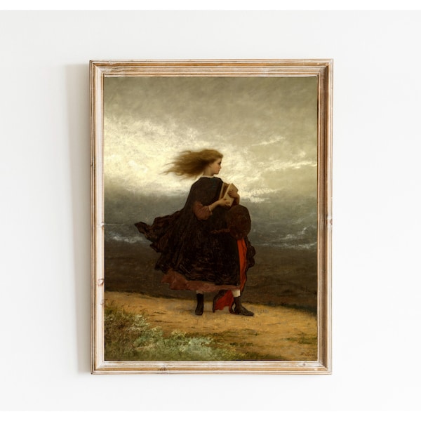 Antique Printable Portrait of Windswept Girl, Young Victorian Female Antique Oil Painting Digital Wall Art Printable, Instant Download #153