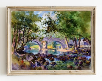 Old Stone Bridge Painting, Country River Landscape, Antique Digital Wall Art PRINTABLE, Instant Download #620