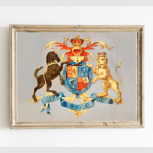 Schotse wapenschild afdrukbare schilderij, "Dieu Et Mon Droit" familiewapen van 1700 antieke digitale muurkunst, Instant Download #086