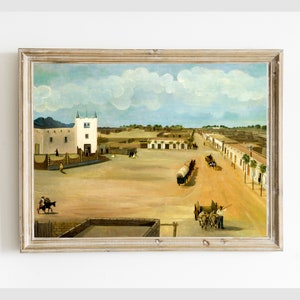 Vintage Southwestern New Mexico Town Scene Painting Printable, Mexican Antique Digital Wall Art Decor Print, Instant Download #496