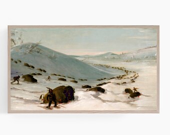 Rustic Painting Christmas Decor for Samsung TV, Vintage Frame TV Art, Buffalo Bison Winter Landscape Instant Download #422tvrr