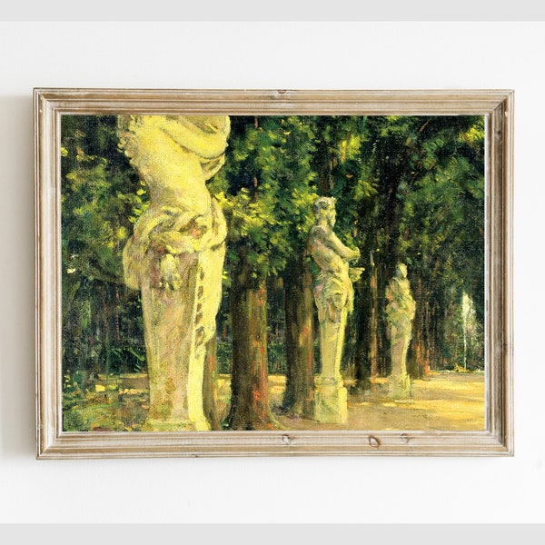 Vintage Statues Monuments and Fountain in Wooded Park Printable, Old Antique Painting Digital Wall Art Printable, Instant Download #254