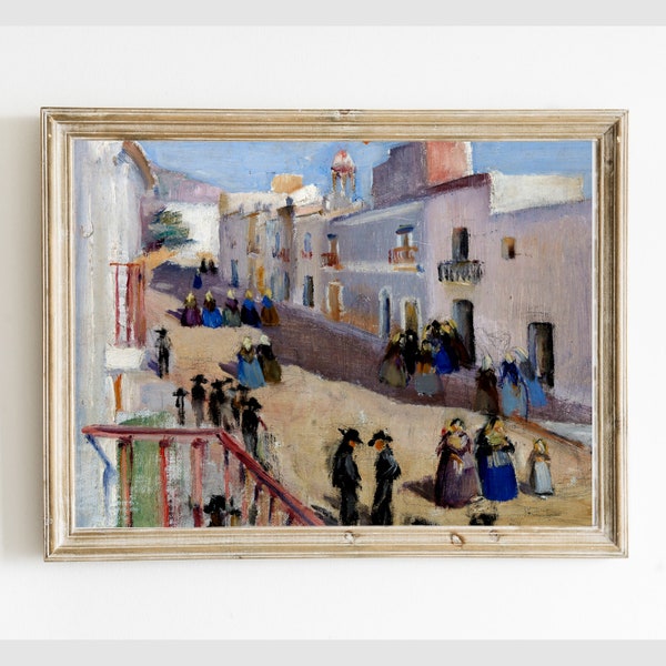 Vintage Mexican Village Streey Scene Painting PRINTABLE, Southwestern Antique Digital Art Decor Print, Instant Download #468rr